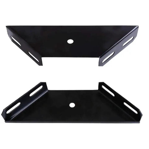 Built Tough Corner Brace Set 2 Pack Heavy Duty Bed Frame Brackets, black metal gusset plates with trapezoid flange angles, front view.
