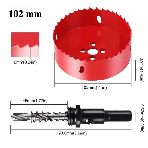 4 Inch Bi Metal Hole Saw Kit With M42 HSS Teeth And Triangular Shank Spring Loaded Cutter For Wood Plywood Plastic Gypsum Board And Thin Metal Sheets Built Tough For Fast Clean Holes, showing saw and arbor dimensions.