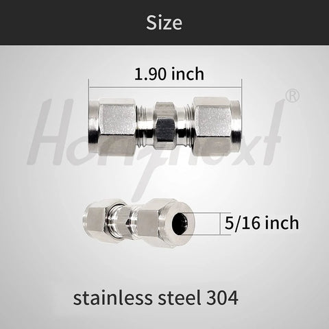 Compression fitting, stainless steel 304, 5/16 in bore, 1.90 in length for tube lines (Amazon)