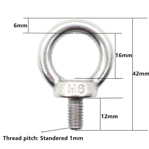 Front view of 10 Pieces M6 Ring Eye Bolts, Heavy Duty Stainless Steel 304, Shoulder Lifting Eye Bolts With 16 Mm Inner Ring, 42 Mm Length