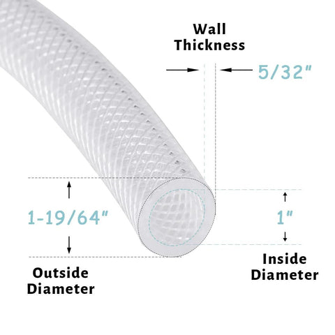 Clear braided PVC vinyl tubing, 1 in ID, 25 ft length, wall thickness 5/32 in