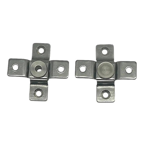 Two stainless steel shock absorber hinge torque joints with mounting holes, 360° rotation.