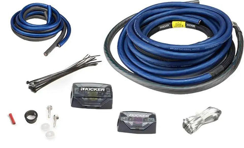 Kicker 46PKD1 1/0 AWG Dual Amplifier Power Kit with Hyper Flex wires, fuse blocks, distribution block, and cables for car audio.