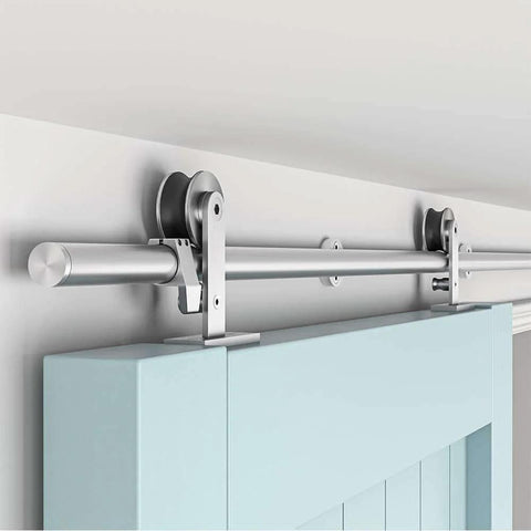 6.6Ft Top Mount Stainless Steel Barn Door Hardware Track Kit For 36 To 40 Inch Wide Single Door Heavy Duty Anti Rust Super Smooth Quiet Glide No Frills Install Includes Track Rollers Spacers Stoppers Floor Guide And Wrench installed on blue door