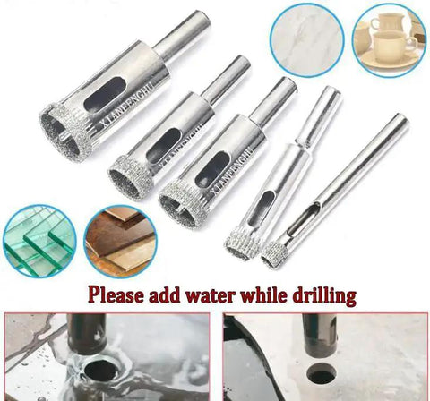 Diamond Drill Bits For Glass 10 Piece Hole Saw Set With Industrial Grade Grit For Glass Ceramic Tile Marble Pots Bottles And More Cutting Applications One Eighth To Eleven Sixteenths Inch, showing five drill bits and usage instructions.