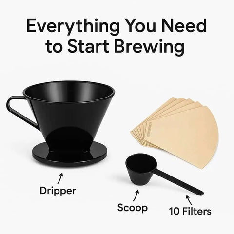 Single Cup Pour Over Coffee Dripper With Scoop And Ten Filters, Cone Size Two Manual Brewer, BPA Free Plastic displayed