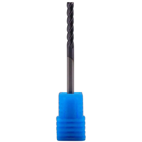 Front view of Pro Grade 5 Piece Solid Carbide Long End Mills AlTiN Coated 4 Flute 30 Degree Helix cutter with blue case.
