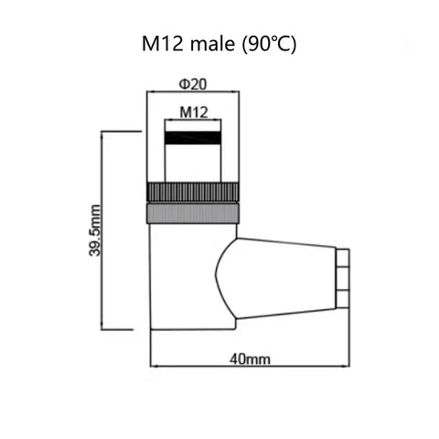 Technical drawing of M12 4 Pin Male Connector IP67 Waterproof D Code Industrial Circular Connector, right-angle dimensions shown.