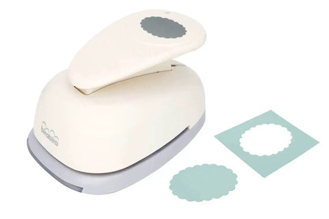 3 Inch Scalloped Ellipse Lever Action Craft Punch for paper crafting shown with punched scalloped shapes