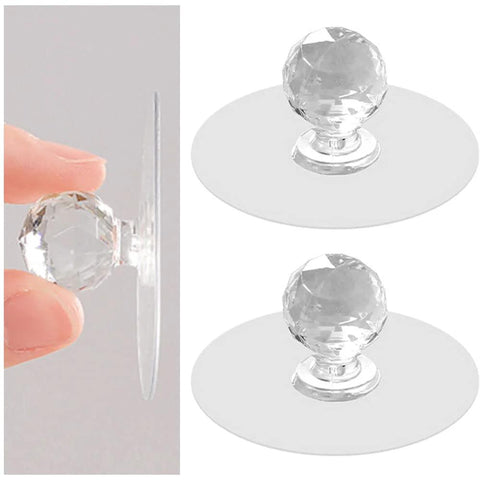 Crystal Diamond Drawer Knobs Self Adhesive Clear Acrylic Pull Handles for Wardrobe Cabinets, showing adhesive side and front view.