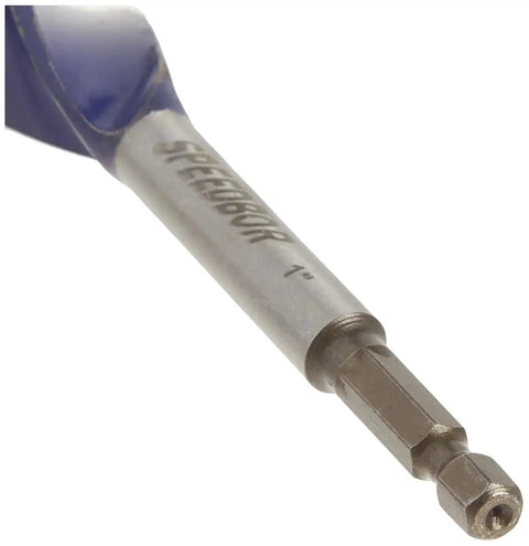 Close-up of Fast Wood Drill Bit Set For Quarter Inch Quick Change Chucks With Tri Flute Design, hex shank visible