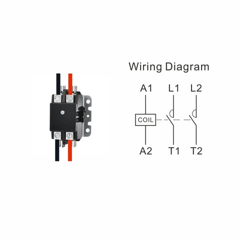 Heavy Duty 2 Pole 40 Amp Contactor With 120V Coil UL Listed for HVAC Condensers and Compressors shown with wiring diagram