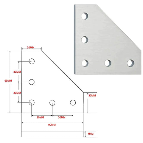 Technical drawing and front view of Sturdy 3030 Corner Bracket L Shape Connector Kit For Aluminum Extrusion Profiles Five Hole Joint Plate