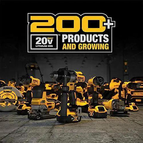 DeWalt tools and equipment lineup under '200+ Products and Growing' sign