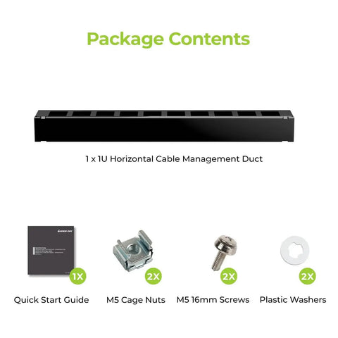 Package contents of 1U 19 Inch Horizontal Cable Management Duct With Removable Cover including guide, nuts, screws, and washers.