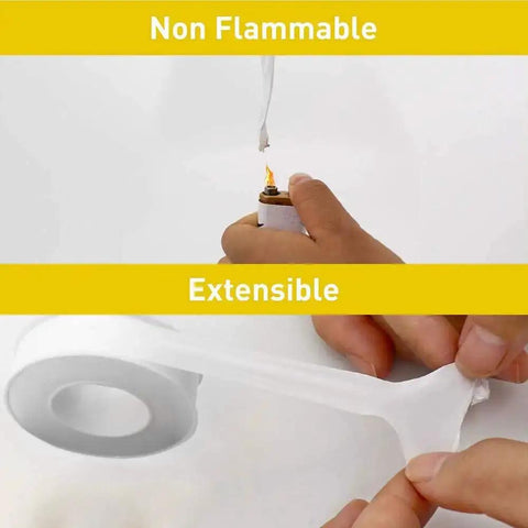 10 Pack PTFE Teflon Tape For Plumbing, Heavy Duty Thread Seal Tape being tested for non-flammability and extensibility with a lighter.