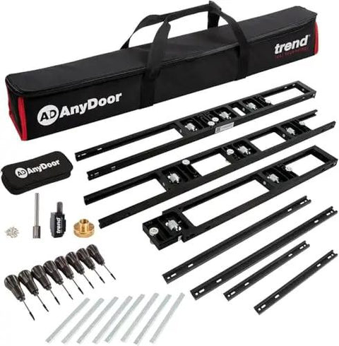 Butt Hinge Template Kit With Fully Adjustable Router Jig DIY Friendly And Handles All Hinge Sizes And Positions From 2 Feet 6 Inches To 9 Feet Quick Accurate Square Or Radius Hinge Routing For Wood Doors And Frames visible with components and carry bag