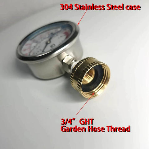Stainless steel 304 pressure gauge, 0-220 psi, 2-1/2 inch dial, female 3/4 inch GHT garden hose thread.