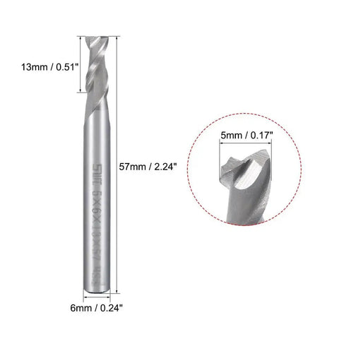 3 Pack 6mm Shank 5mm By 13mm Straight Flat Nose End Mill Cutter CNC Router Bits 2 Flute Set side view with measurements