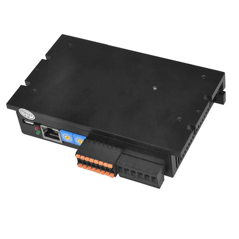 Top view of EPR60 Nema 23 Stepper Motor Driver with Ethernet Fieldbus for EP Series utilizing Modbus TCP protocol in black housing.
