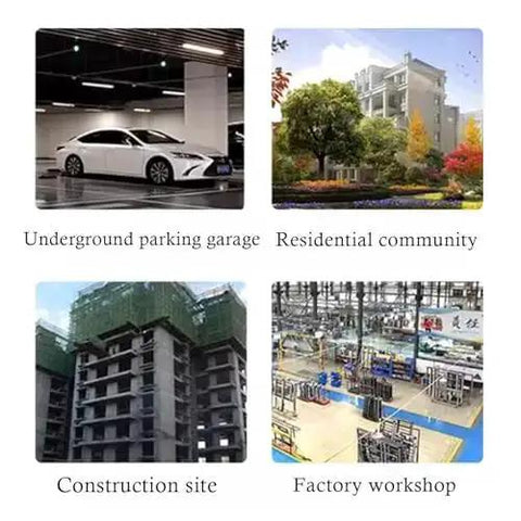 Collage showing underground parking garage, residential community, construction site, and factory workshop environments.
