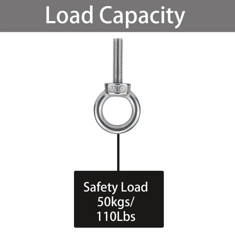 Heavy Duty M6 Stainless Steel Eye Bolt Kit With Nuts And Washers 4 Pack Ring Shoulder Eyebolts For Swing And Tie Down Outdoor Use 304 Stainless Anti Rust 110 Lb Load Each showing 110 lb load capacity chart