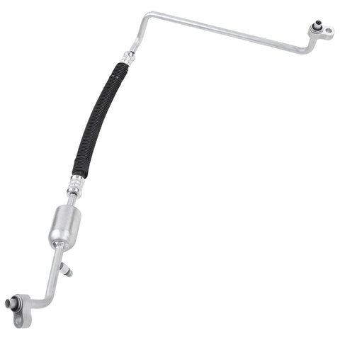 A-Premium A/C discharge line hose assembly with silver metal tubing and black rubber section, metal end fittings