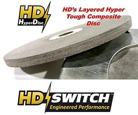 Two gray layered HD HyperDisc brake discs (angled front view) for EZ-GO golf carts; HD Switch logo visible.