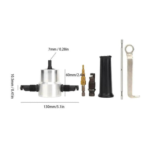 6 Piece Nibbler Cutterm Carbon Steel Metal Sheet Cutter Set With Double Head Cutter Tool components laid out with measurements
