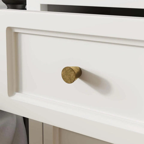 10 Pack Antique Brass Cabinet Knobs Round Vintage Drawer Pulls For Kitchen Cabinets Easy Install With Included 1 Inch And 1 3 4 Inch Screws Classic Small Round Hardware For Timeless Kitchen Decor installed on white drawer
