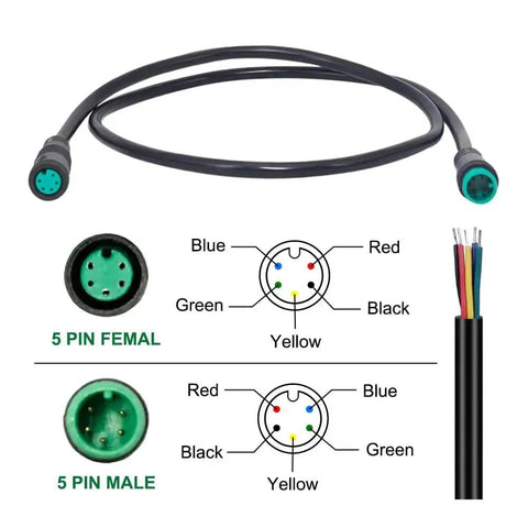 Extension Cable For Electric Bike Gear Sensor And Display, Waterproof IPX6 Connectors, 5-Pin Options, wiring diagram displayed