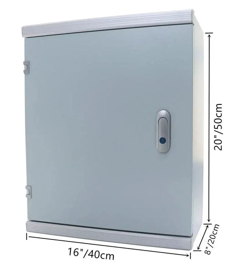 Front view of Heavy Duty Cold Rolled Steel Electrical Enclosure Box 20 By 16 By 8 Inches For Outdoor Or Indoor Use IP66 Weatherproof With Mounting Plate