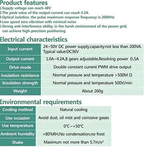 Technical specifications for Premium CNC Stepper Motor Driver DM542 For DC 20 To 50 Volt, 2 Phase Hybrid Microstepping, 128 Subdivision.