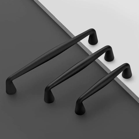 Three matte black cabinet handles, displaying sizes in a staggered row, showing a side view of the handle curvature and base.