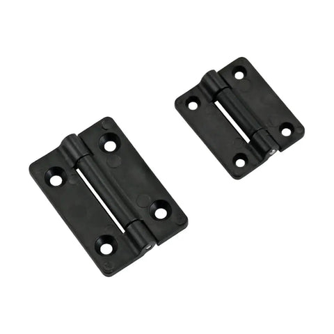 Front view: pair of black small torque damping cabinet door hinges with screw holes