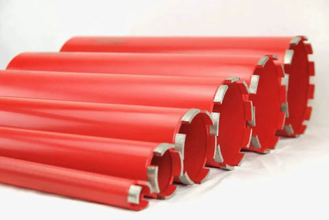 1 To 6 Inch Diamond Wet Core Drill Bit Set With One Quarter Inch Threaded Shank For Concrete Rebar Asphalt Brick Rock And Masonry Hole Cutting And Barrel Coring Bits, shown in red