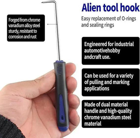 Hand holding a pick tool from the 4 Piece Automotive Pick And Hook Tools Set For Cars With Oil Seal Removal Hooks, with chrome vanadium handle.