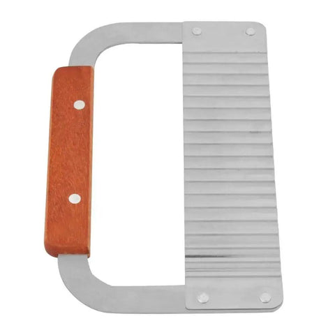 Stainless steel crinkle cutter wavy slicer with wooden handle, durable wavy blade multipurpose kitchen tool for salad, cheese, and more.