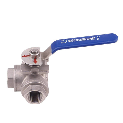 DERNORD 3-way ball valve with blue vinyl locking handle, stainless steel 304 body, 1/2 in NPT female fittings.