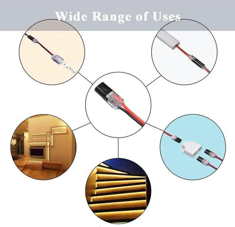 50/100/150 Pack Quick Clip Fasteners No Drill Snap On Connectors For DIY Crafting, shown in use for LED strips and decor.
