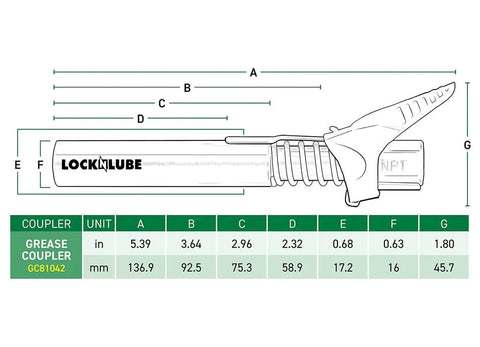 LockNLube XL grease gun coupler side view diagram with A–G measurements and GC81042 model