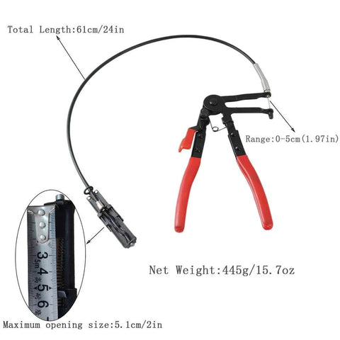 Three Piece Hose Clamp Pliers Tools Set Including 24 Inch Bendable Spring Loaded Hose Clamp Pliers with measurement details.
