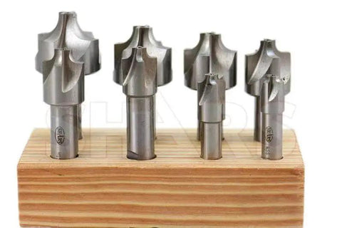 8 Piece HSS Corner Radius End Mill Set Pro Grade 1 16th To 3 8th Inch, Center Cutting, Weldon Shank, displayed on wooden stand