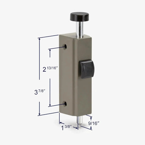 Front view of Auxiliary Foot Lock For Gliding Patio Doors Compatible With Andersen OEM Part 1997220, stone diecast with measurements