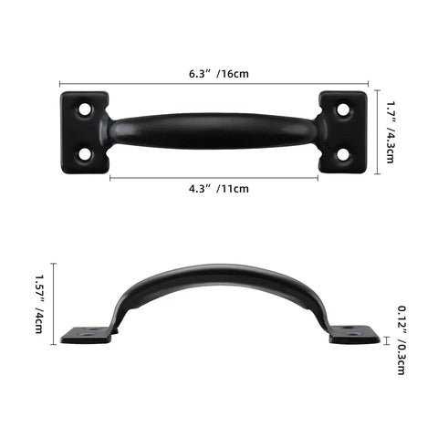 Front and side view of 20 Pack 6-1/2 Inch Gate Pull Door Handles Metal Gate Pulls for Kitchen Cabinets Wardrobes Closets and Drawers with Screws Black Finish Heavy Duty Durable Hardware for Easy Install Quick Install.