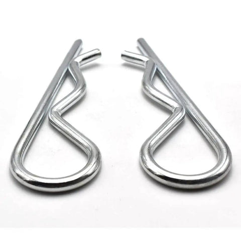 Two M7 X 150 Hairpin Cotter Pin Clip R Shape Spring Retaining Clips in rustproof carbon steel, front view on white background.