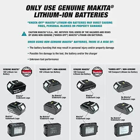 Comparison of genuine Makita lithium-ion batteries with knock-off alternatives highlighting safety risks and performance issues