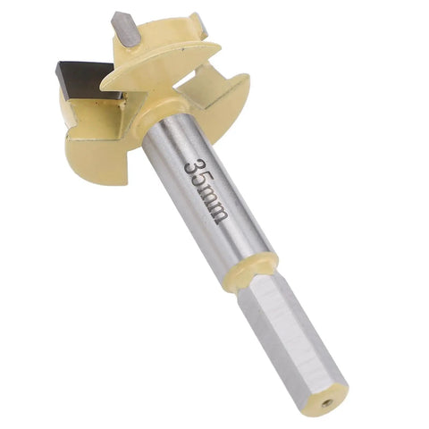 35mm Hinge Boring Bit With 9mm Hex Shank For Woodworking, 10mm Drilling Depth, 3 Flute Hinge Hole Cutter With Carbide Teeth shown in close-up