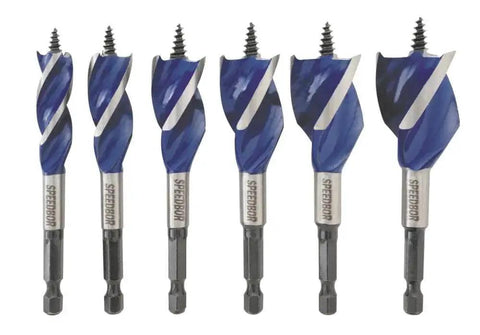 Speedbor Drill Bit Set For Woodworking, 4-Inch, 6-Piece With Three Cutting Spurs For Faster Cleaner Holes, Self-Feeding Full Screw-Point Tip