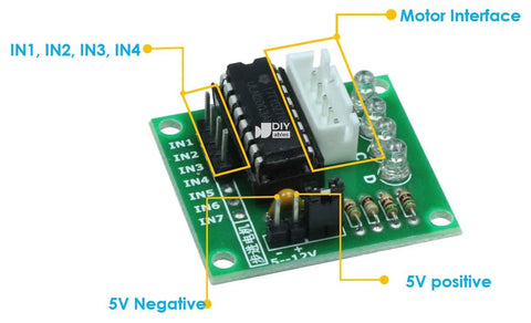 DIYables 28BYJ-48 ULN2003 5V stepper motor driver module on green PCB with IN1–IN4 header and 5V supply